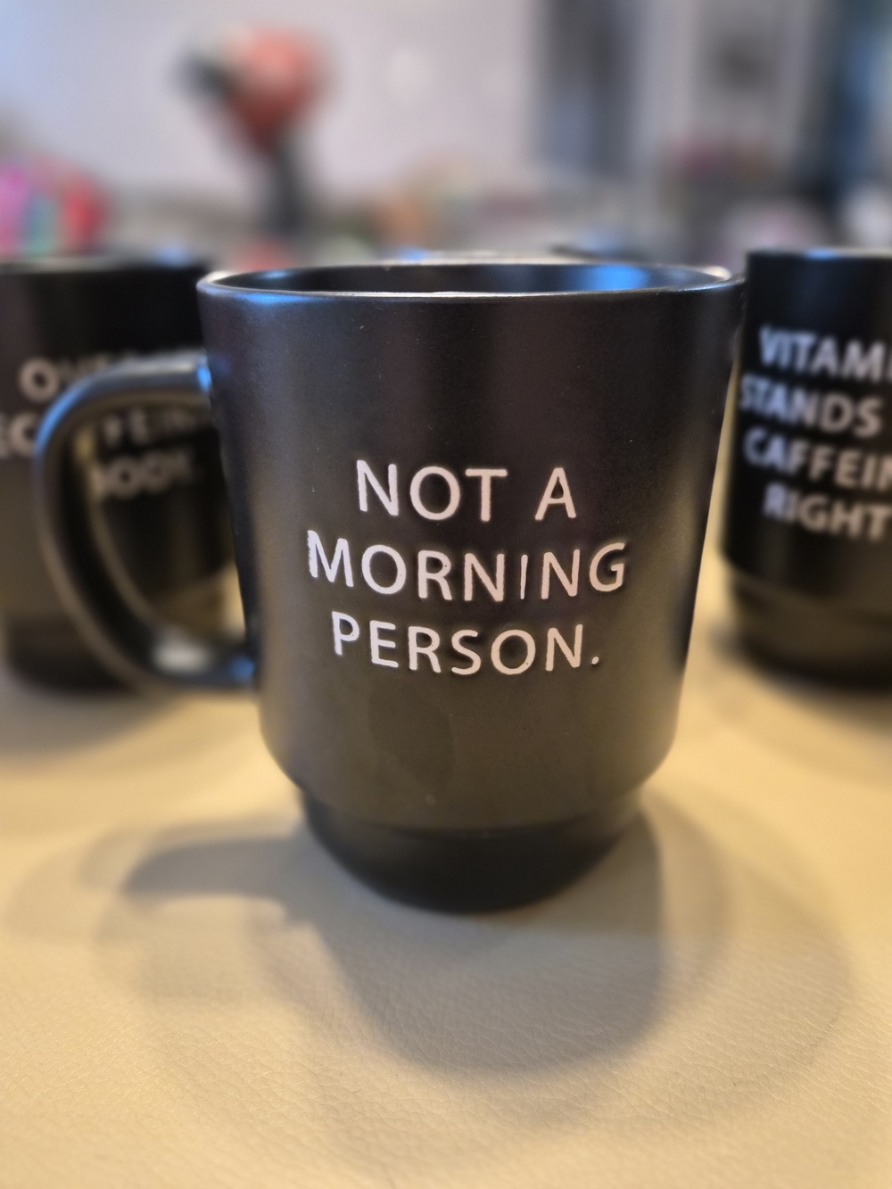 Stackable Black Ceramic Coffee Mug Set with Rack - Humorous White Text - Picture 6 of 7